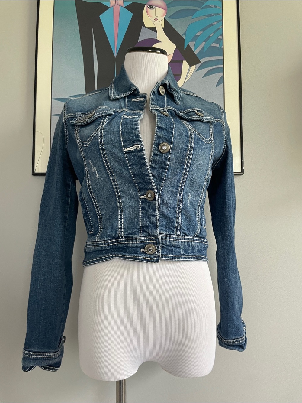 Cropped Blue Denim Distressed Jean Jacket with Rhinestone Detail